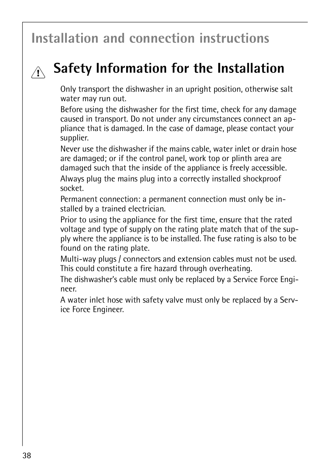 Electrolux FAVORIT 88070 manual Installation and connection instructions, Safety Information for the Installation 