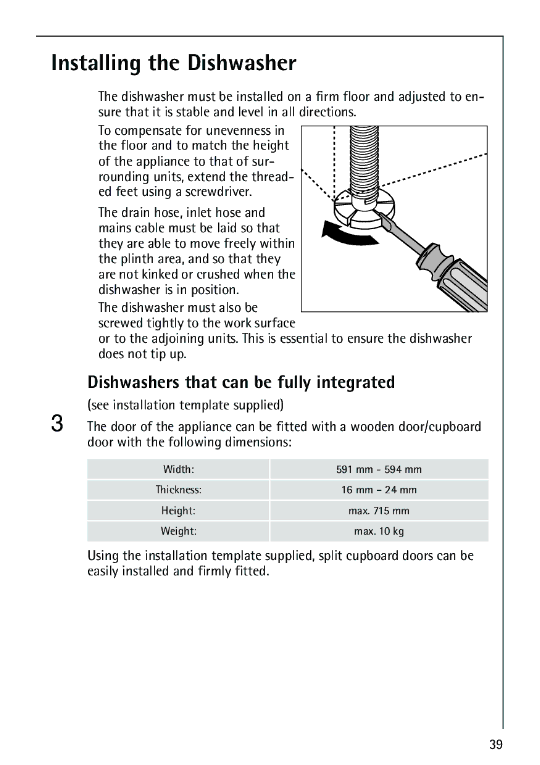 Electrolux FAVORIT 88070 manual Installing the Dishwasher, Dishwashers that can be fully integrated 