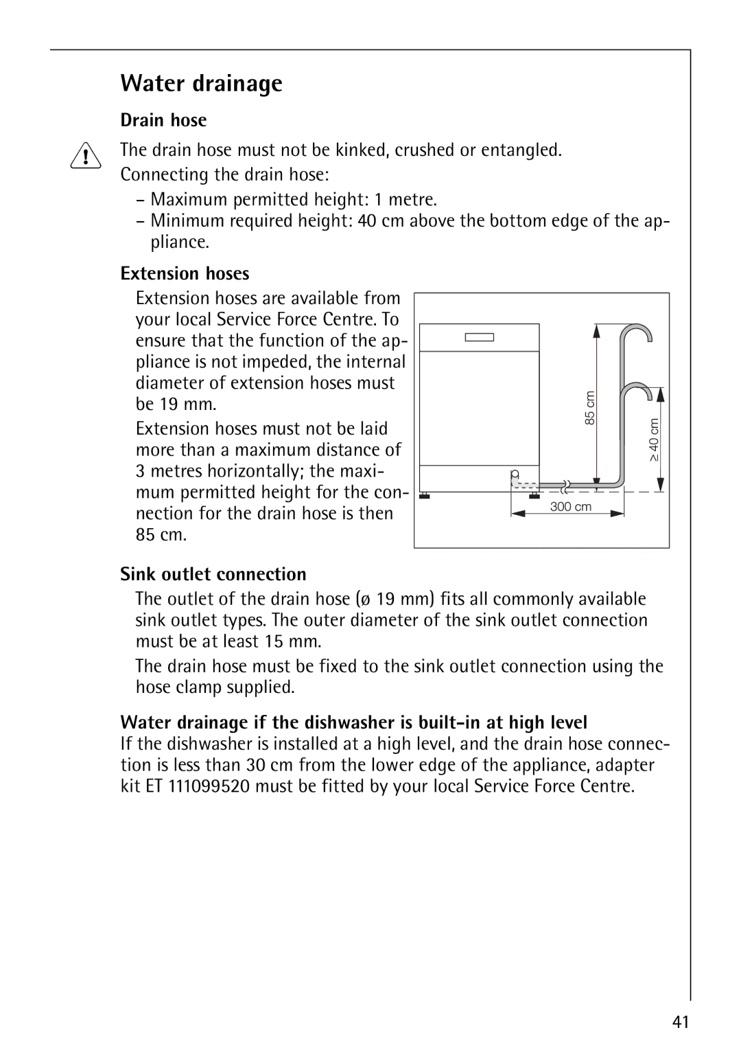 Electrolux FAVORIT 88070 manual Water drainage, Drain hose, Extension hoses, Sink outlet connection 