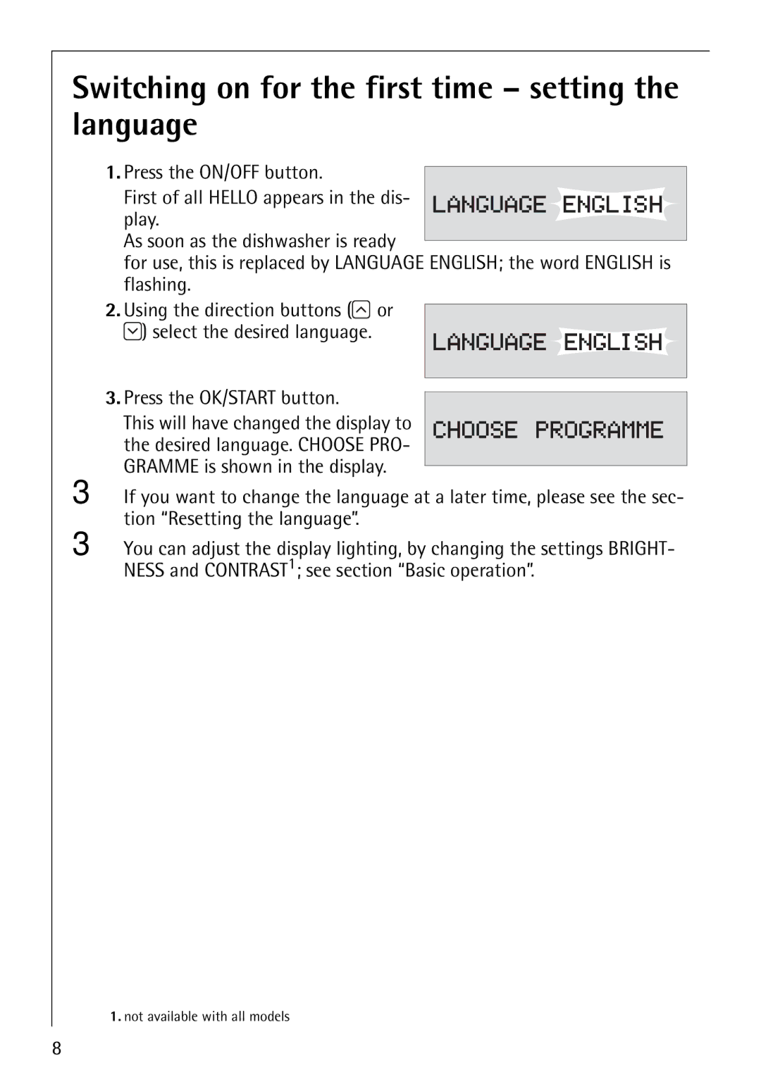 Electrolux FAVORIT 88070 manual Switching on for the first time setting the language 