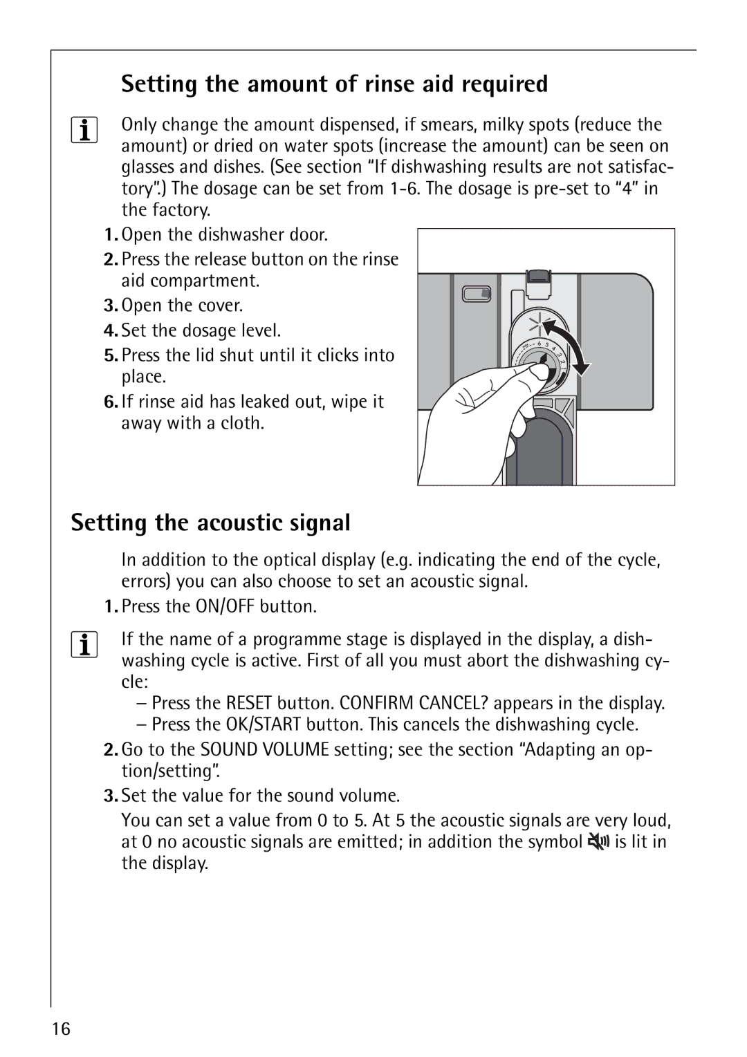 Electrolux FAVORIT 88080 i manual Setting the amount of rinse aid required, Setting the acoustic signal 