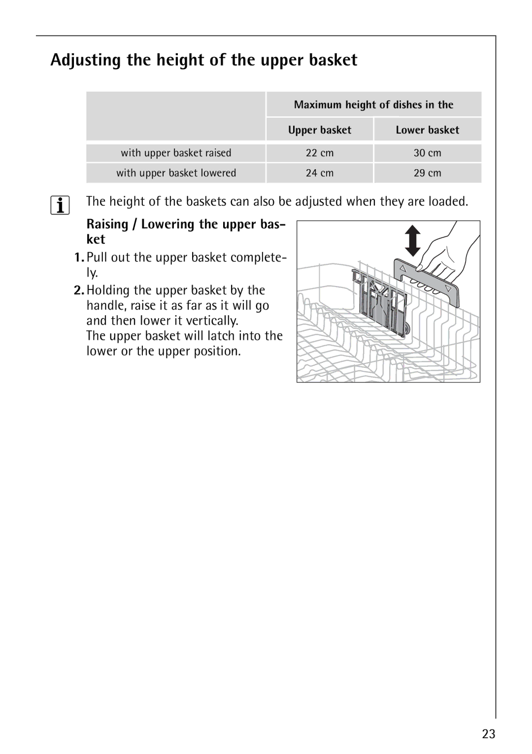 Electrolux FAVORIT 88080 i manual Adjusting the height of the upper basket, Raising / Lowering the upper bas- ket 