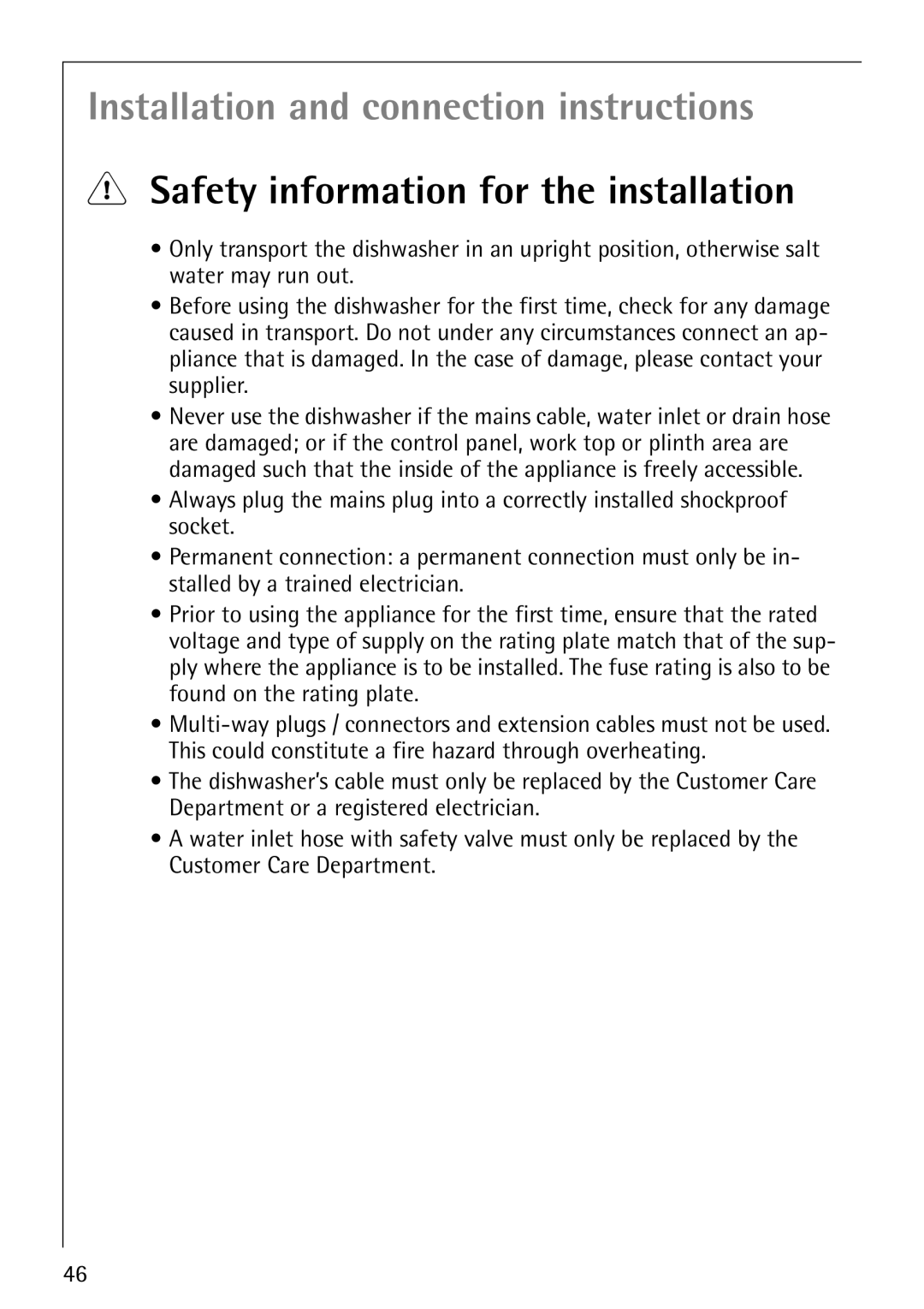 Electrolux FAVORIT 88080 i manual Installation and connection instructions, Safety information for the installation 