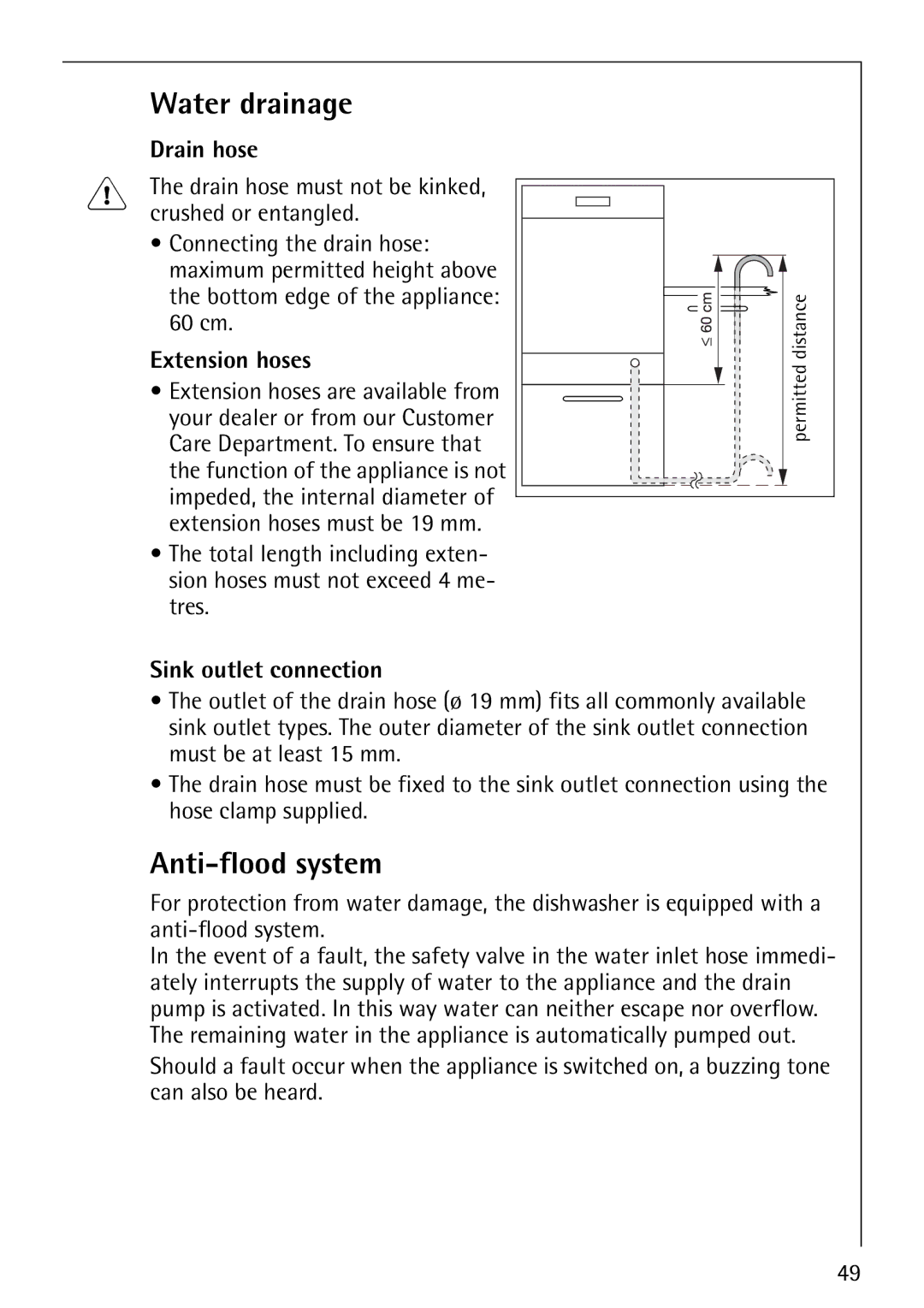 Electrolux FAVORIT 88080 i manual Water drainage, Anti-flood system, Drain hose, Extension hoses, Sink outlet connection 