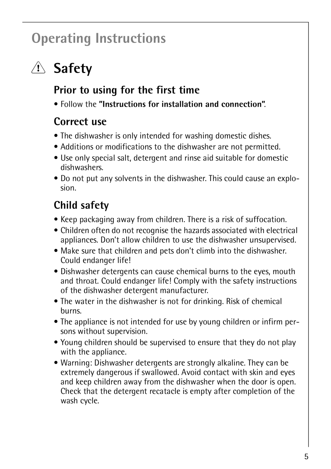 Electrolux FAVORIT 88080 i manual Safety, Prior to using for the first time, Correct use, Child safety 