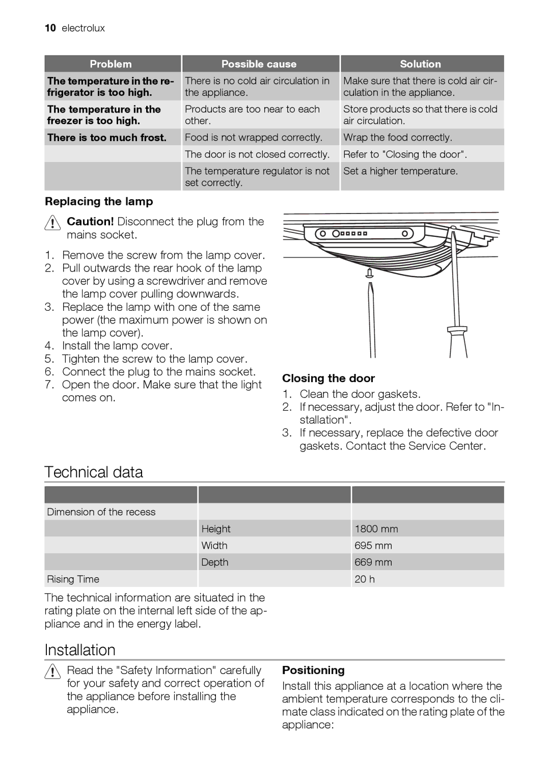 Electrolux FB551BA+, FB551SA+, FB551BSA+ Technical data, Installation, Replacing the lamp, Closing the door, Positioning 