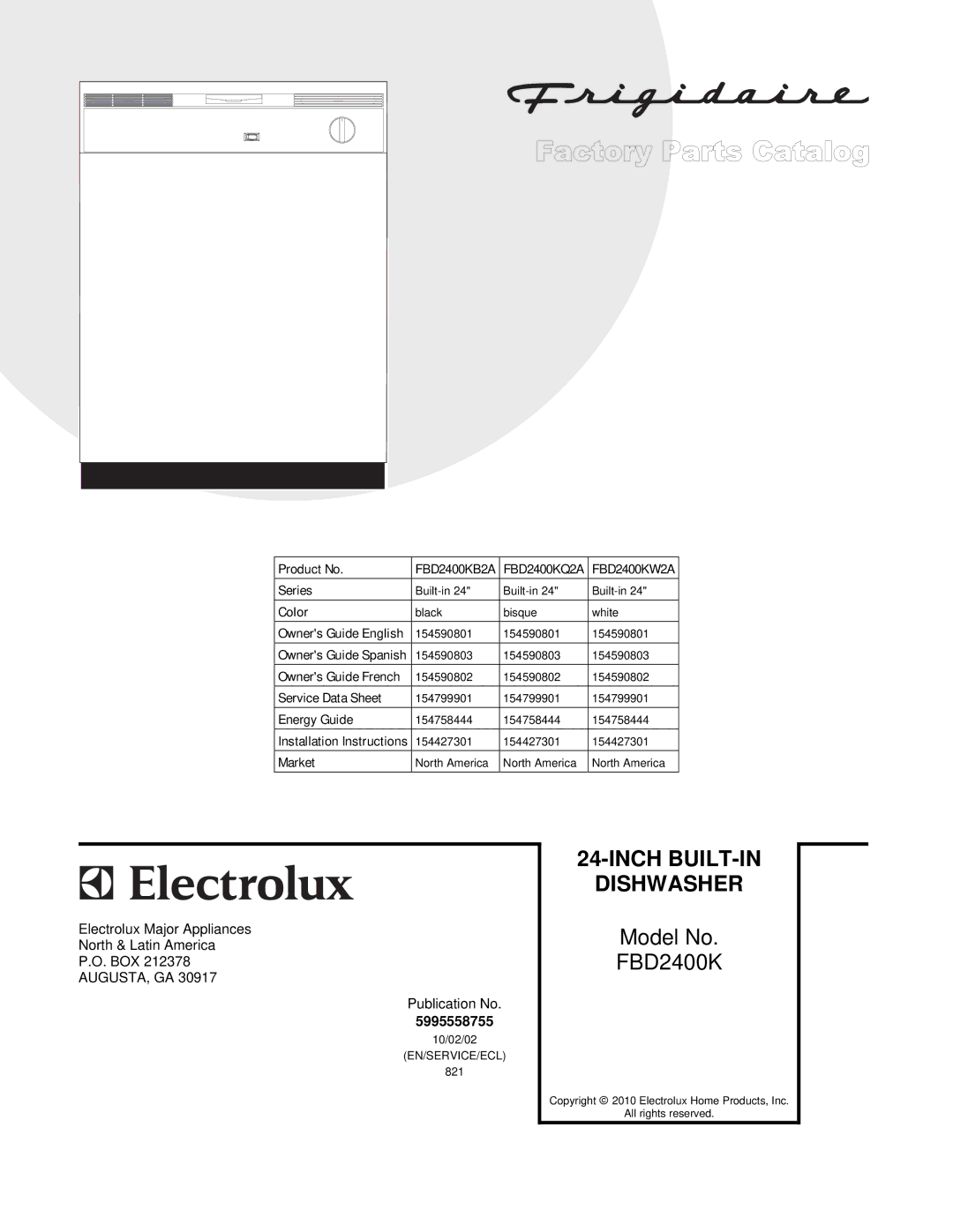 Electrolux FBD2400K installation instructions Dishwasher 