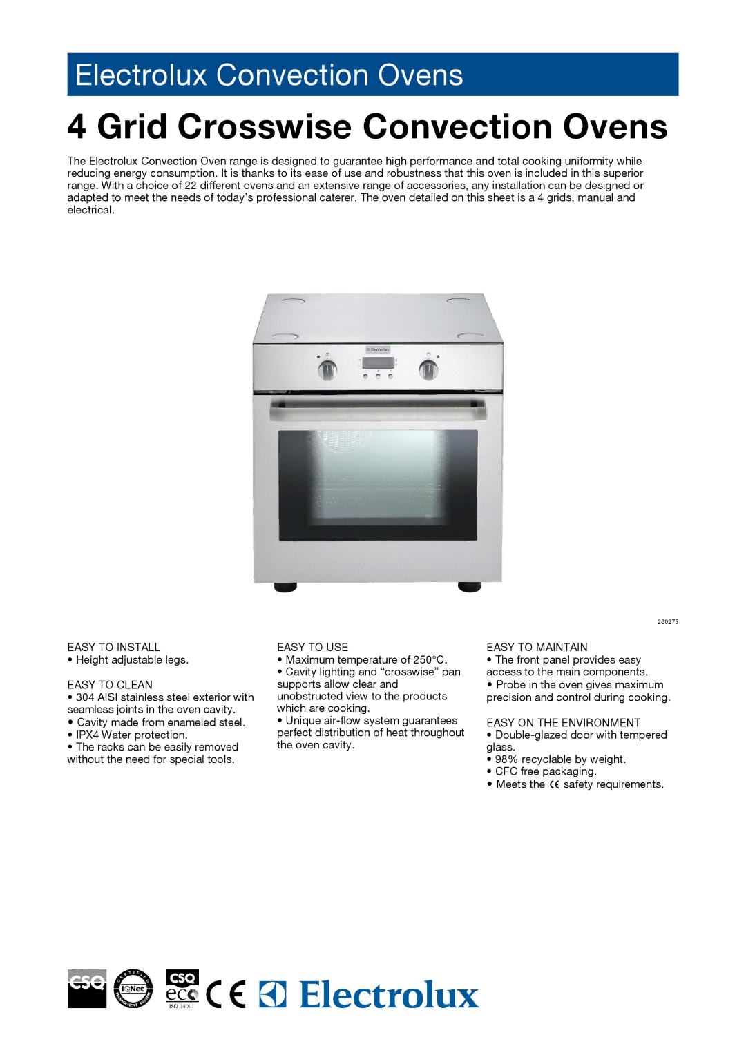 Electrolux EAA005, FCE043L, 260275 manual Grid Crosswise Convection Ovens 