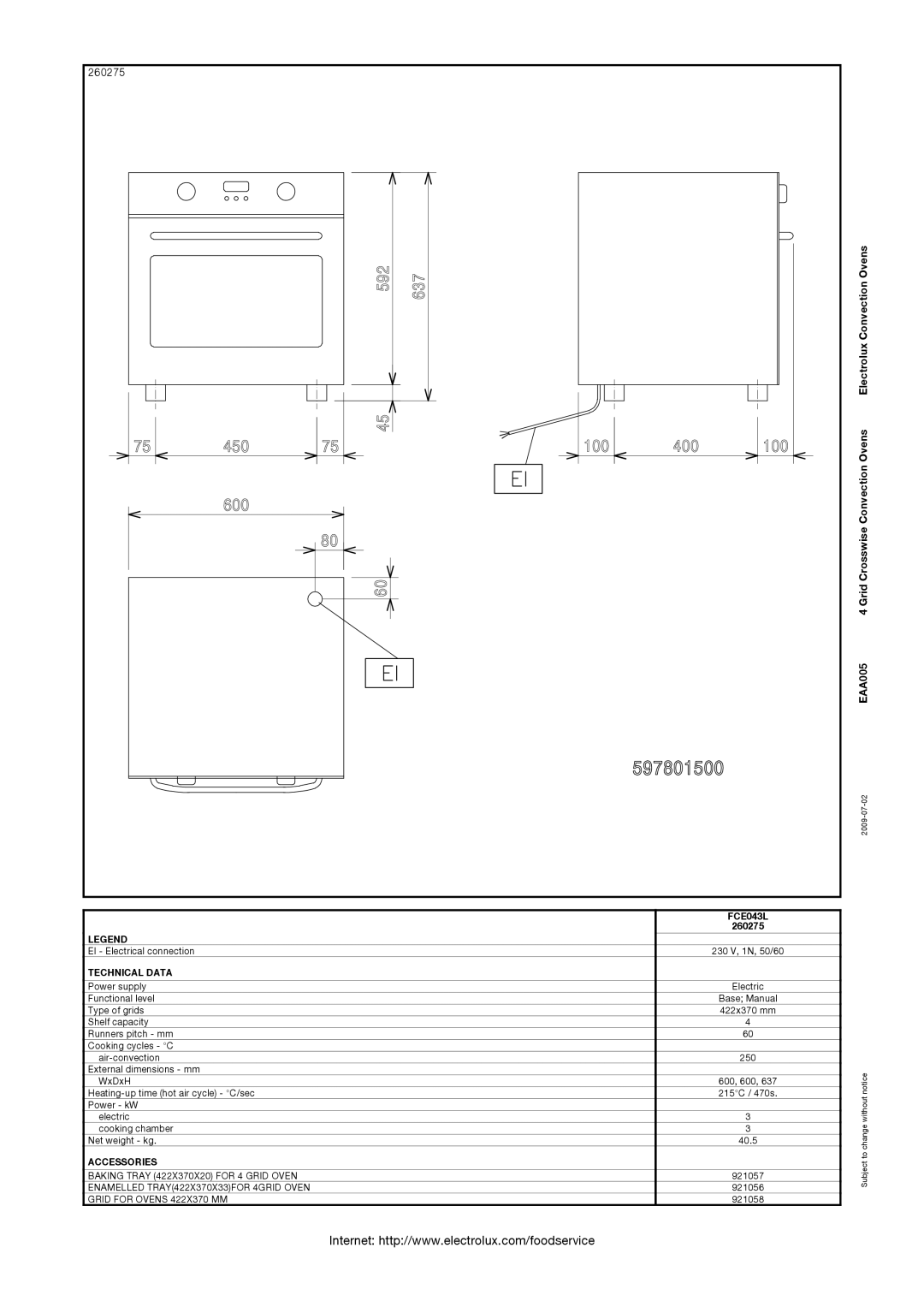 Electrolux 260275, EAA005 manual FCE043L, Technical Data, Accessories 