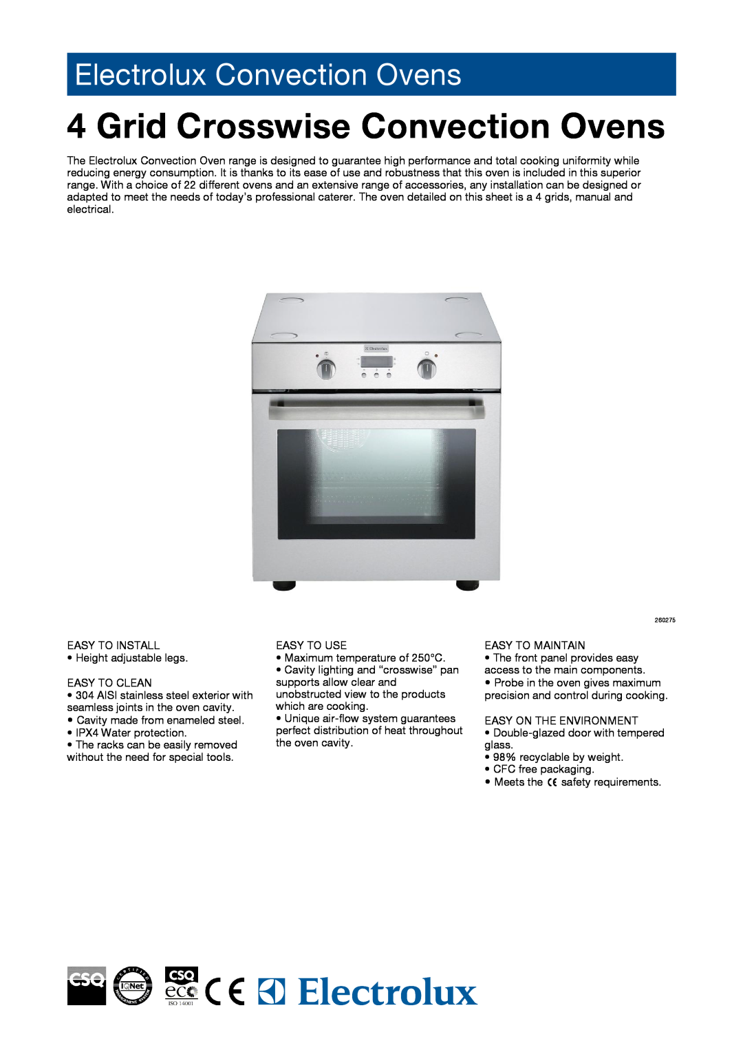 Electrolux FCE043L manual Crosswise Convection, Electric Convection Oven - 4 Grids, Electrolux Professional 