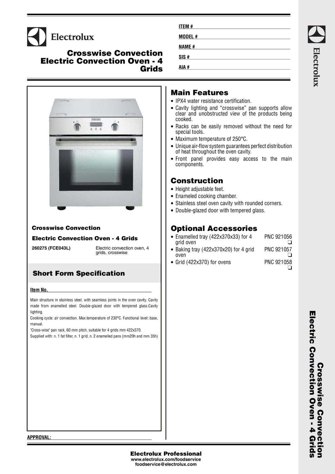 Electrolux FCE043L manual Crosswise Convection, Electric Convection Oven Grids 