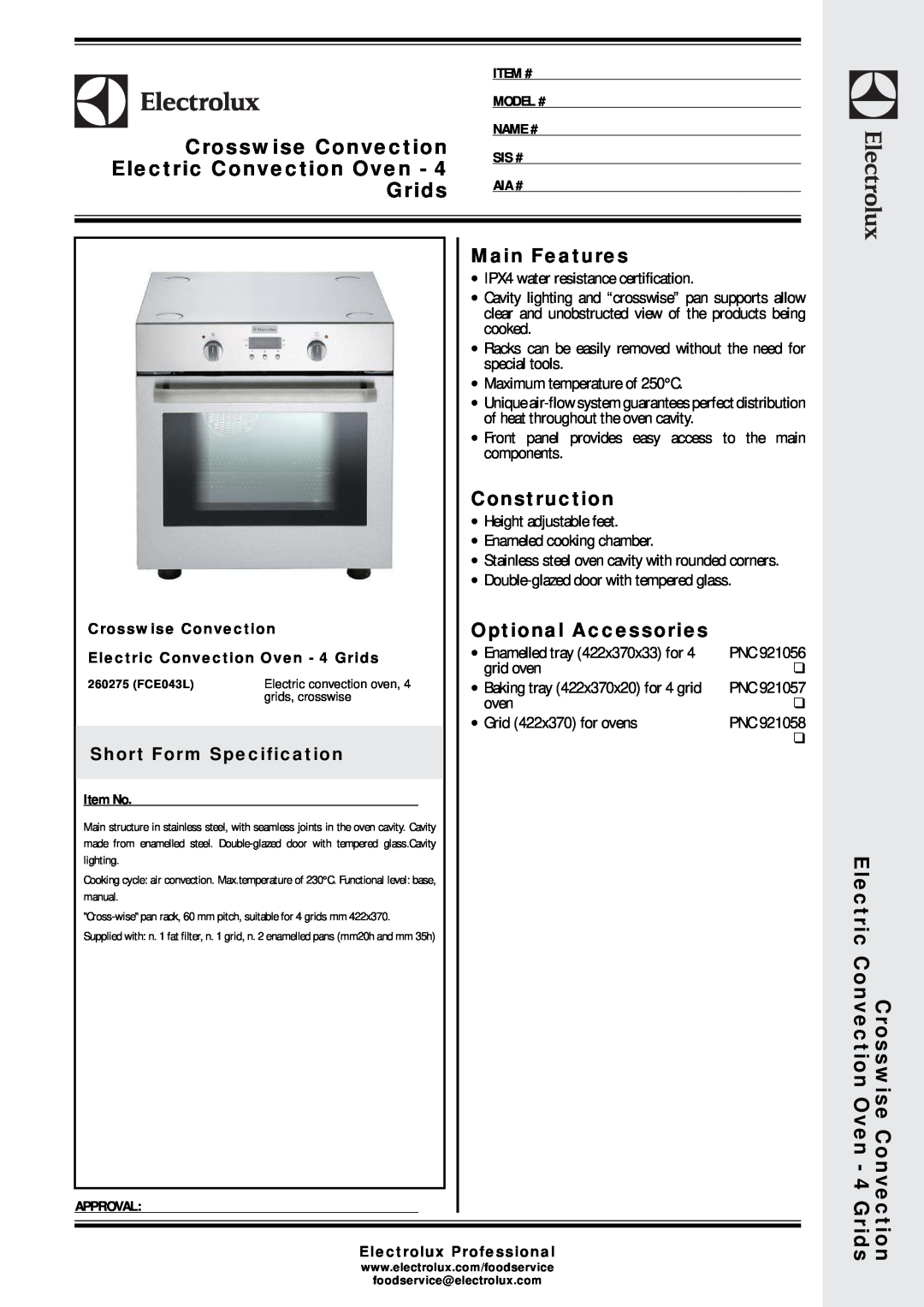 Electrolux FCE043L manual Crosswise Convection, Electric Convection Oven - 4 Grids, Electrolux Professional 