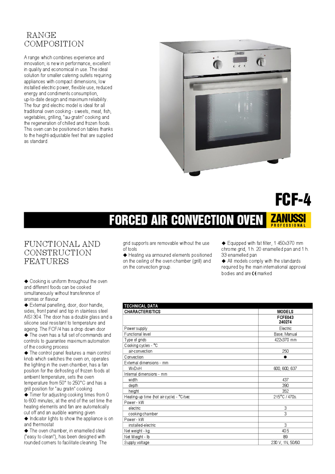 Electrolux FCF-4, FCFE043 dimensions Range Composition, Functional and Construction Features 