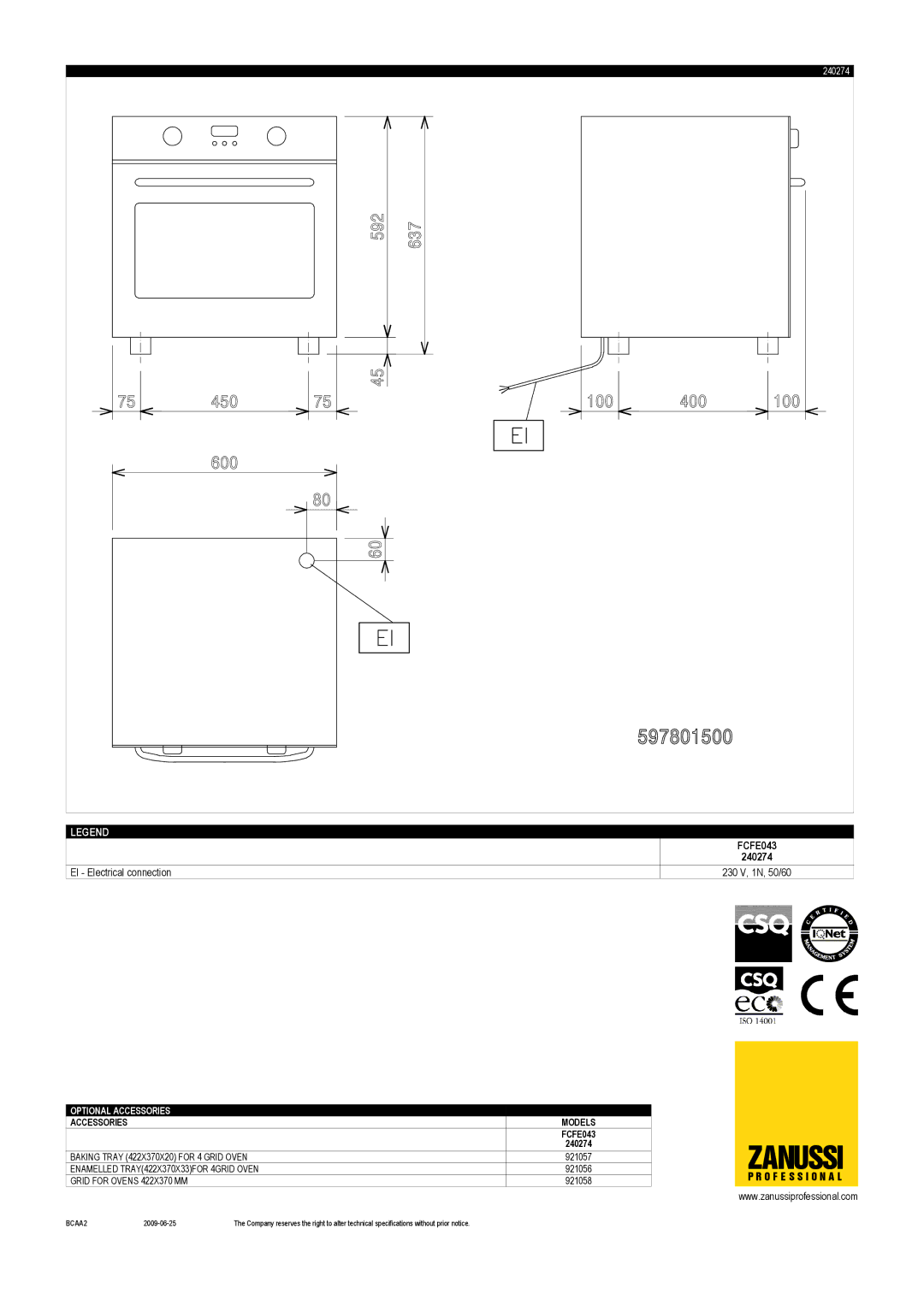 Electrolux FCFE043, FCF-4 dimensions Zanussi 