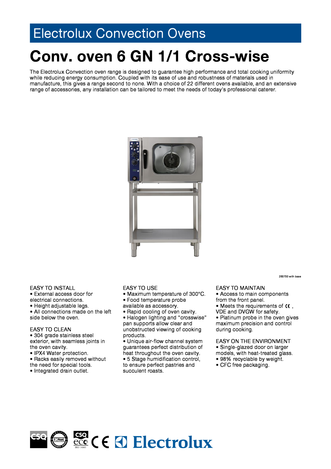 Electrolux FCE06160, FCG06160, 260726, 260700, 260722 manual Conv. oven 6 GN 1/1 Cross-wise, Electrolux Convection Ovens 