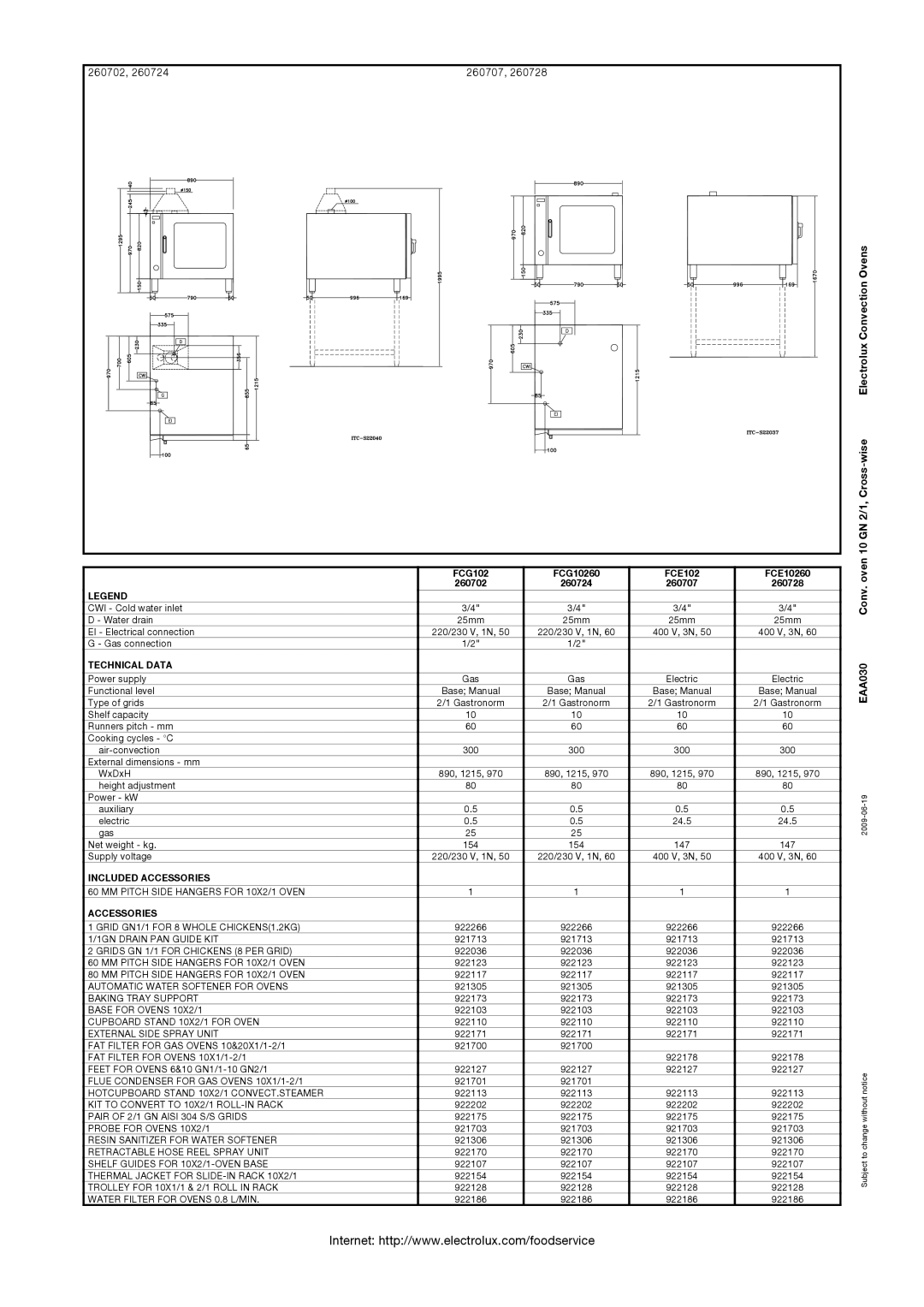 Electrolux FCE10260, FCG10260, 260728, 260724, 260707, 260702 manual Electrolux Convection Ovens, 10 GN 2/1, Cross-wise, EAA030 