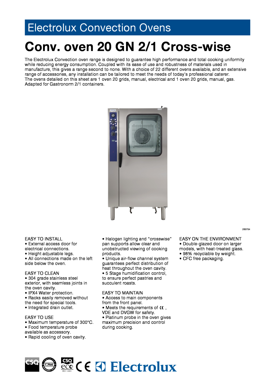 Electrolux FCE202, FCG202, 260704, 260709 manual Conv. oven 20 GN 2/1 Cross-wise, Electrolux Convection Ovens 
