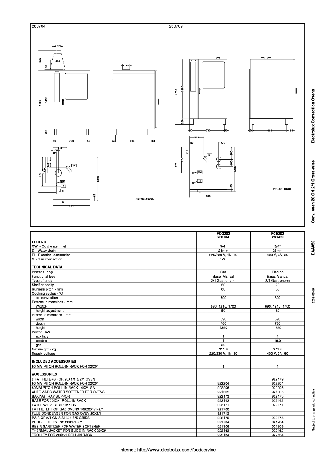Electrolux 260704 260709, Electrolux Convection Ovens, Conv. oven 20 GN 2/1 Cross-wise, FCG202, FCE202, Technical Data 