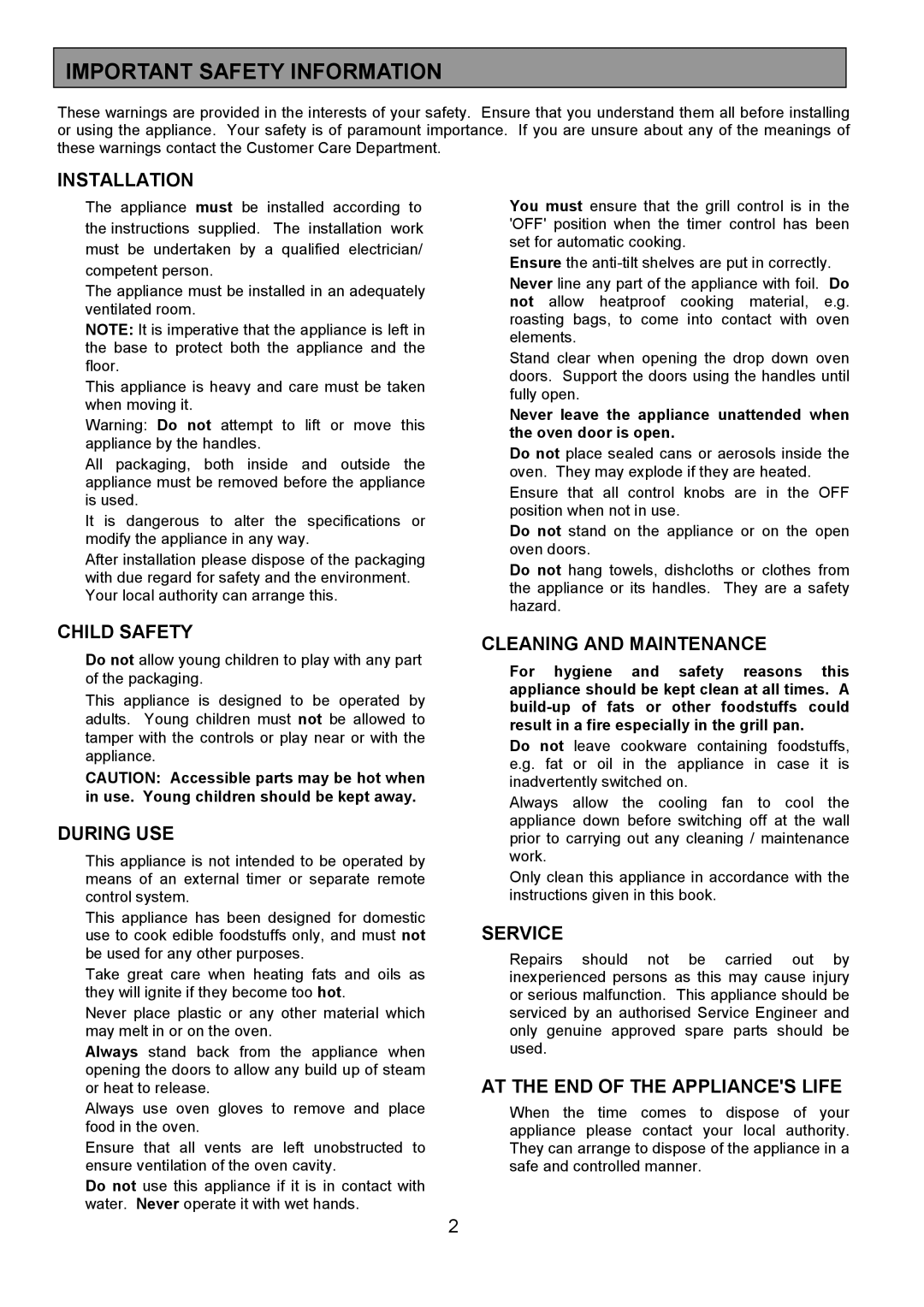 Electrolux FDO 900 manual Important Safety Information 