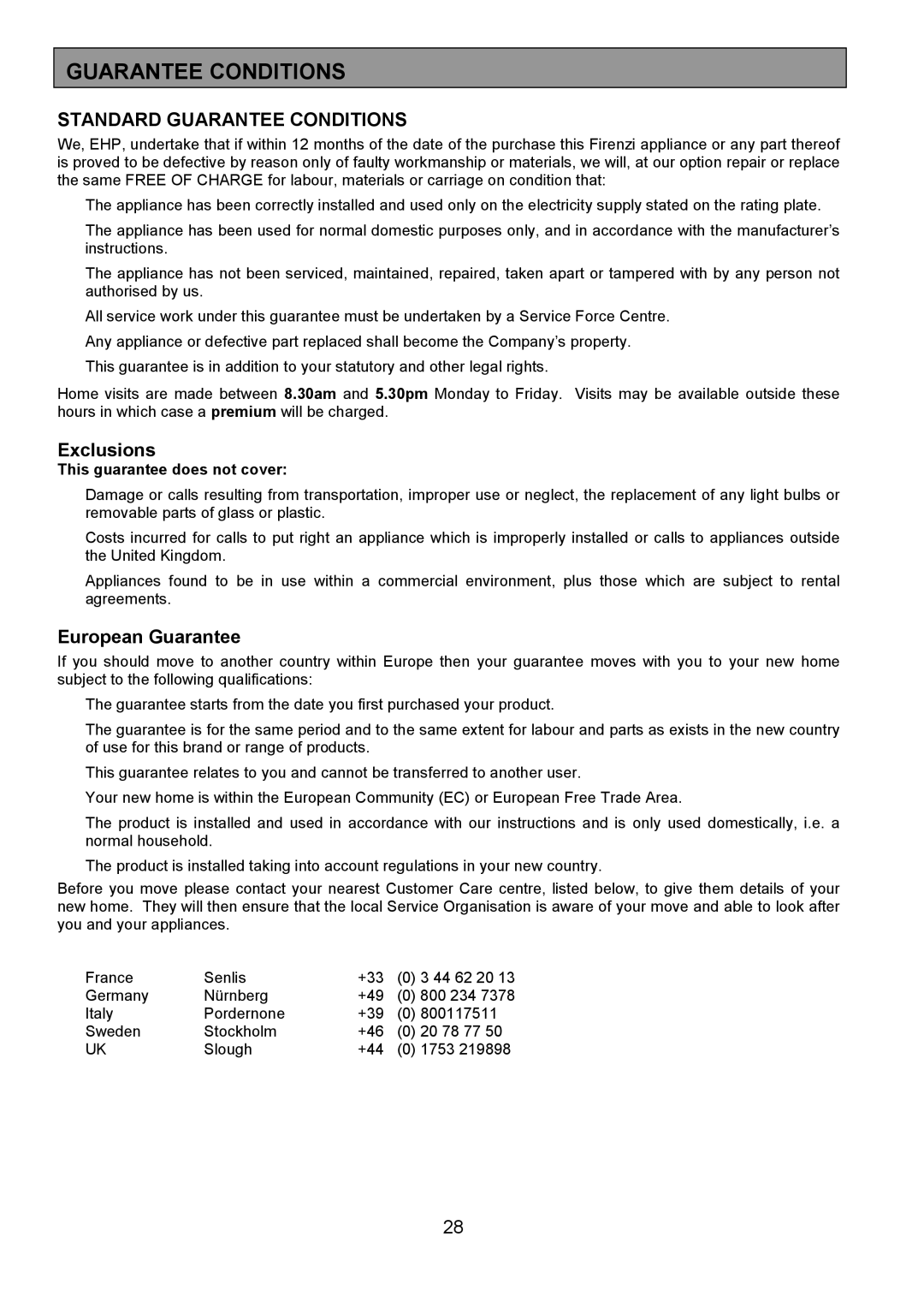 Electrolux FDO 900 manual Standard Guarantee Conditions 