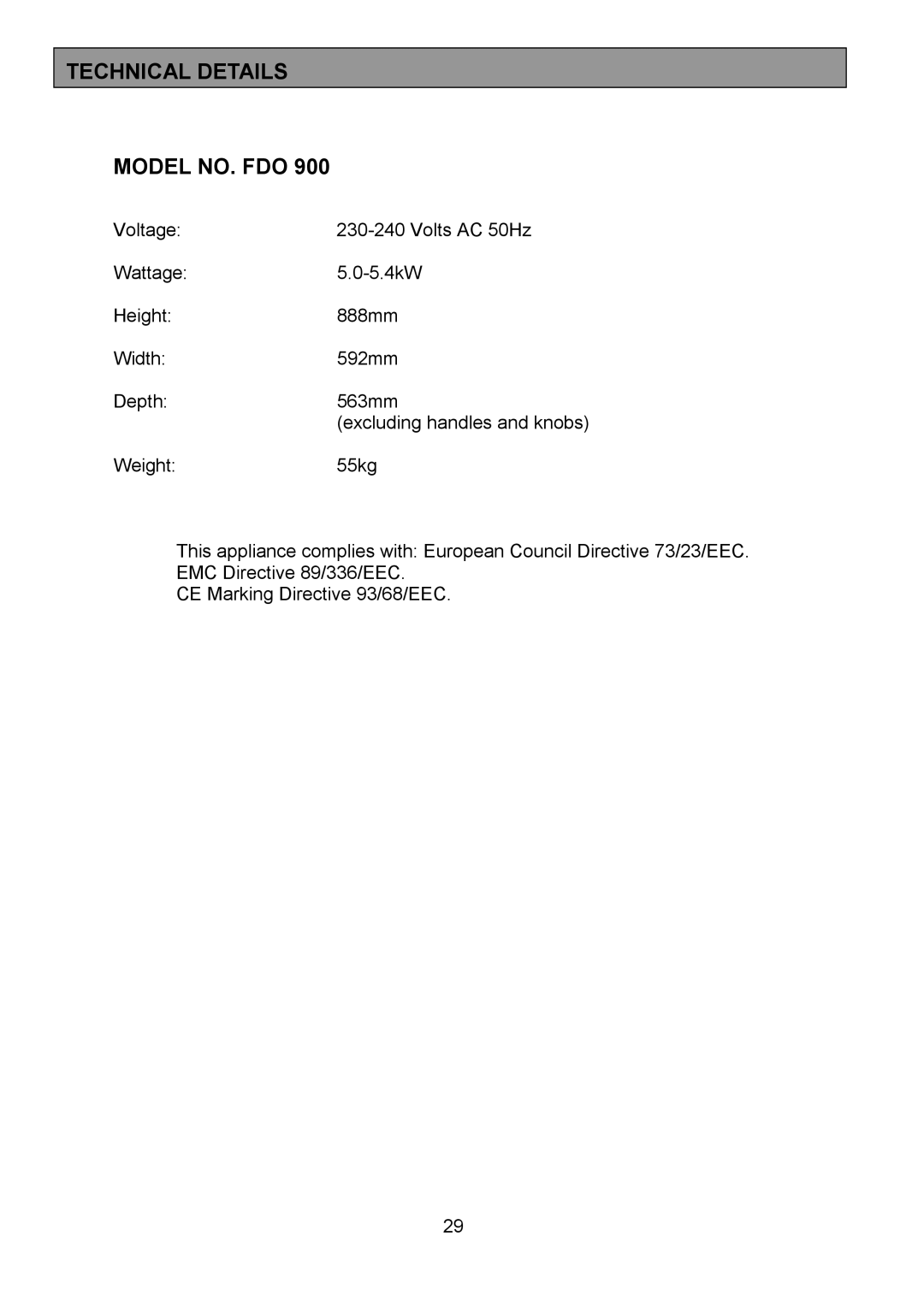 Electrolux FDO 900 manual Technical Details Model NO. FDO 