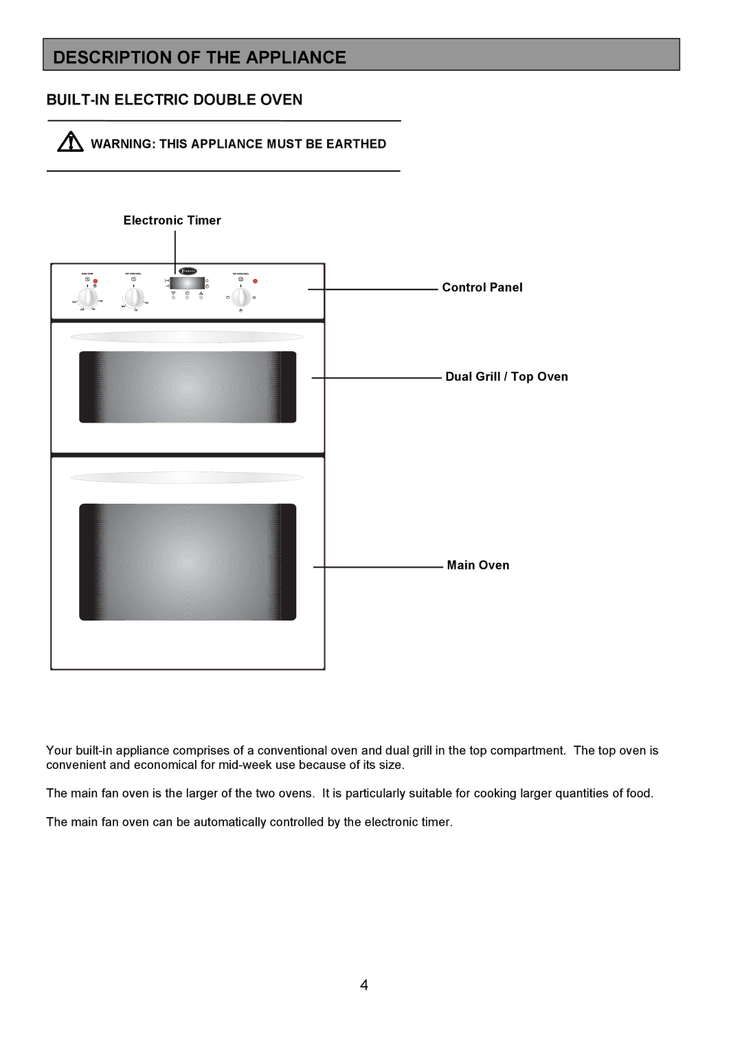 Electrolux FDO 900 manual Description of the Appliance, BUILT-IN Electric Double Oven 