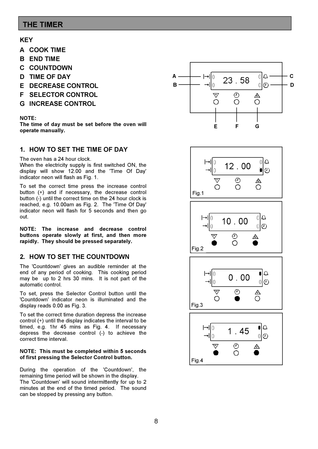 Electrolux FDU 700 Timer, HOW to SET the Time of DAY, HOW to SET the Countdown, First pressing the Selector Control button 