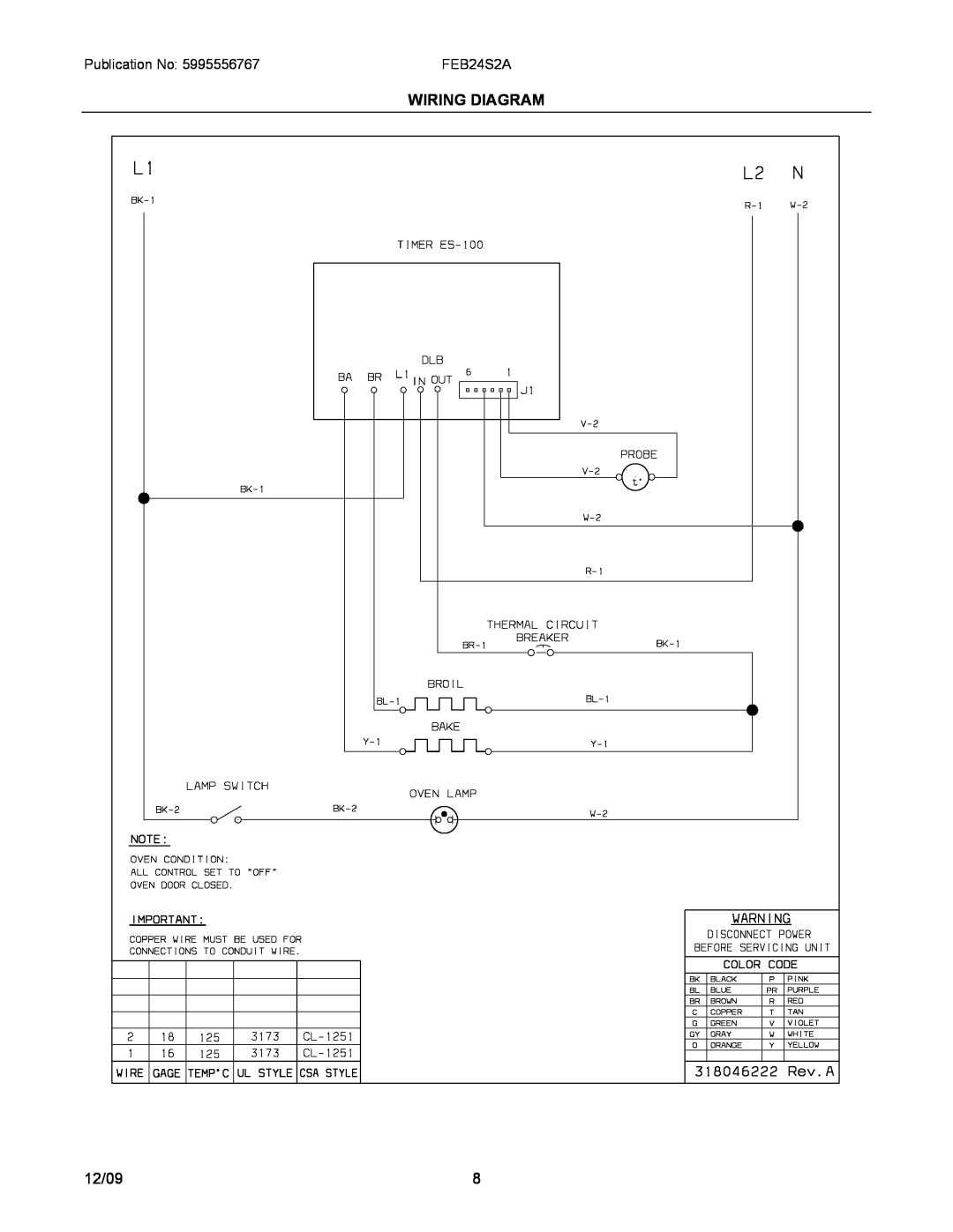 Electrolux FEB24S2A installation instructions Wiring Diagram, 12/09 
