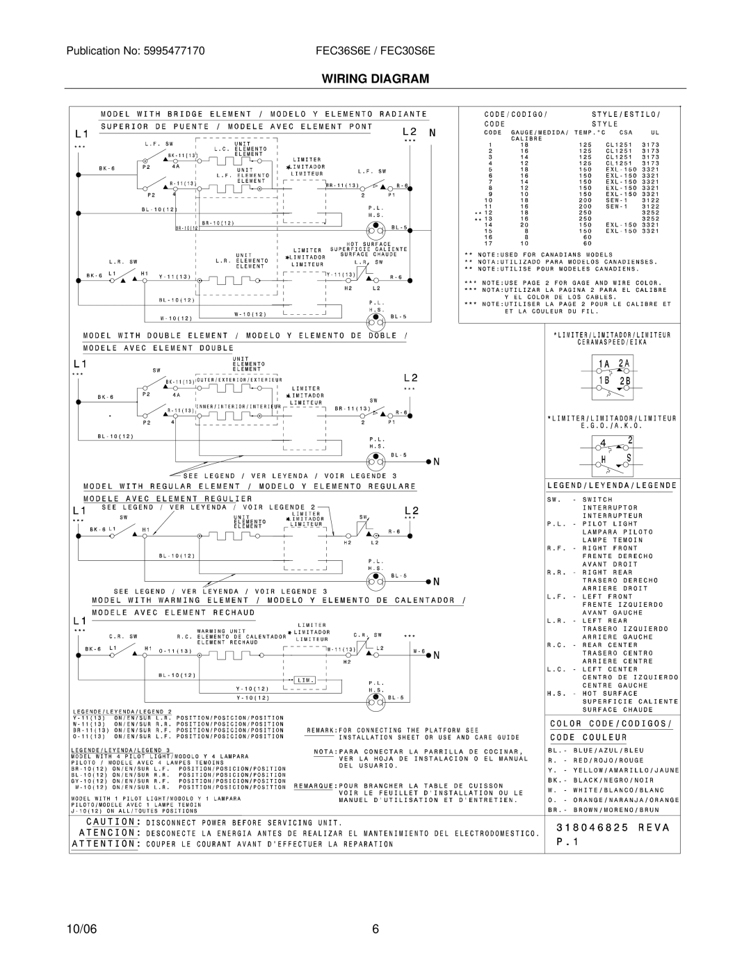 Electrolux FEC36S6E / FEC30S6E installation instructions Wiring Diagram 