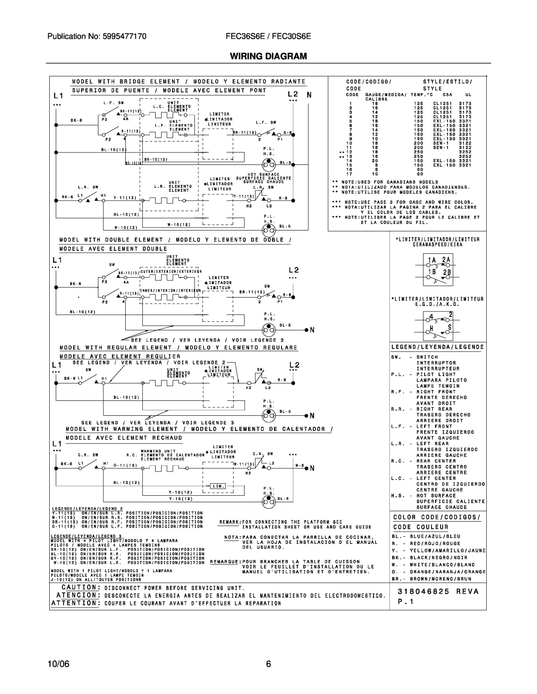 Electrolux FEC36S6E / FEC30S6E installation instructions Wiring Diagram, 10/06 