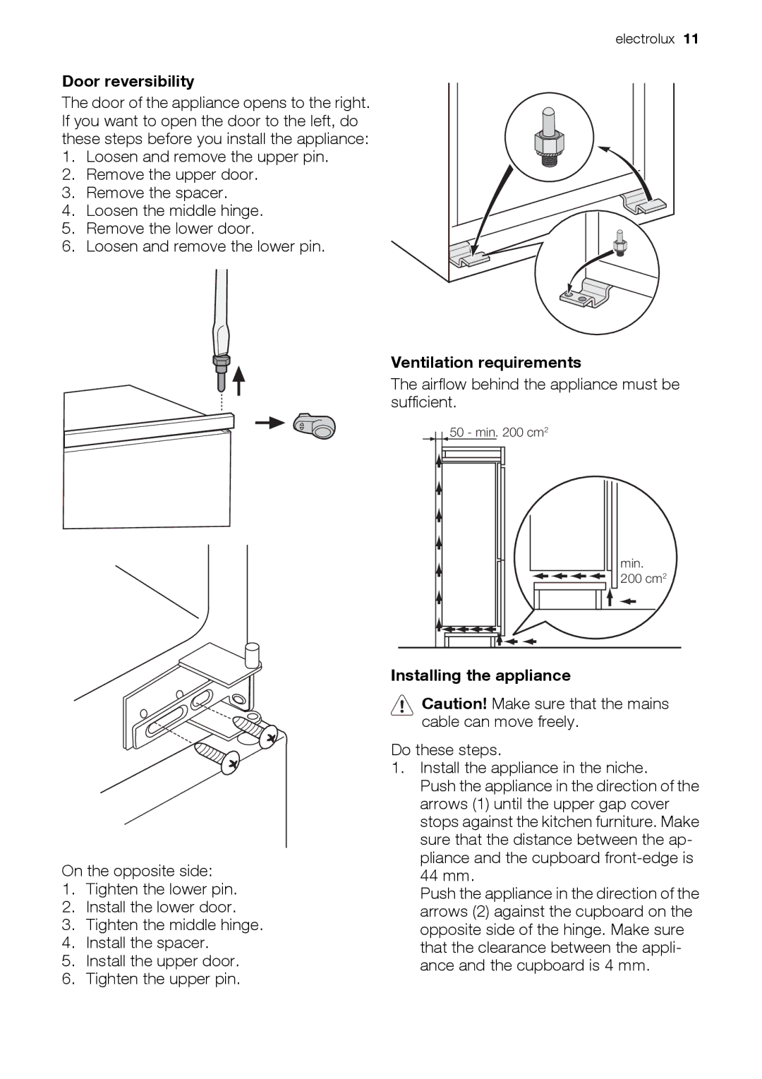 Electrolux FI22/10FA, FI22/10SA user manual Door reversibility, Ventilation requirements, Installing the appliance 