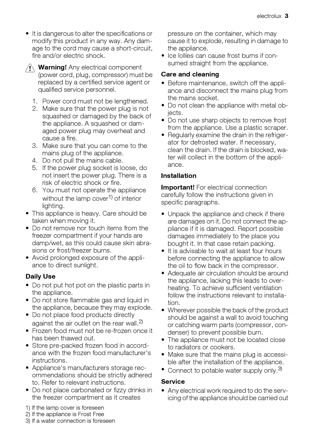 Electrolux FI22/10FA, FI22/10SA user manual Daily Use, Care and cleaning, Installation, Service 