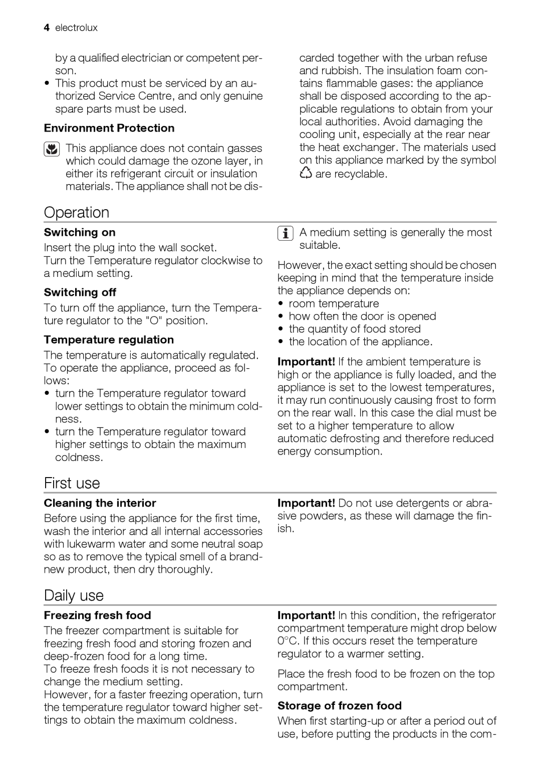 Electrolux FI22/10SA, FI22/10FA user manual Operation, First use, Daily use 