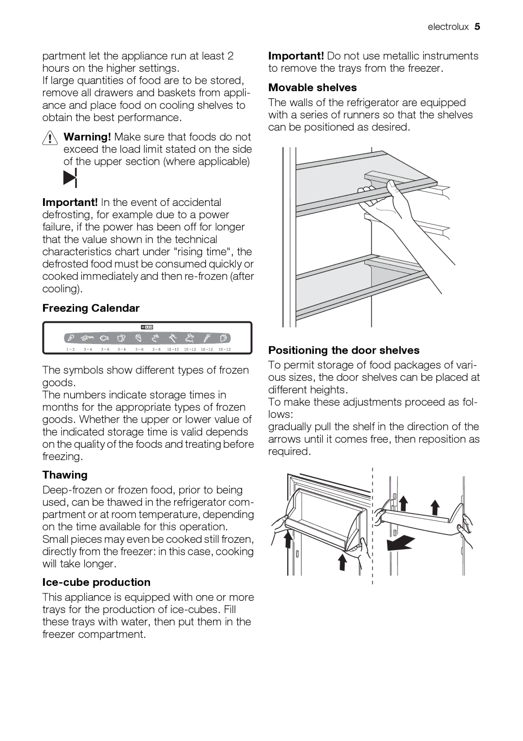 Electrolux FI22/10FA Freezing Calendar, Thawing, Ice-cube production, Movable shelves, Positioning the door shelves 