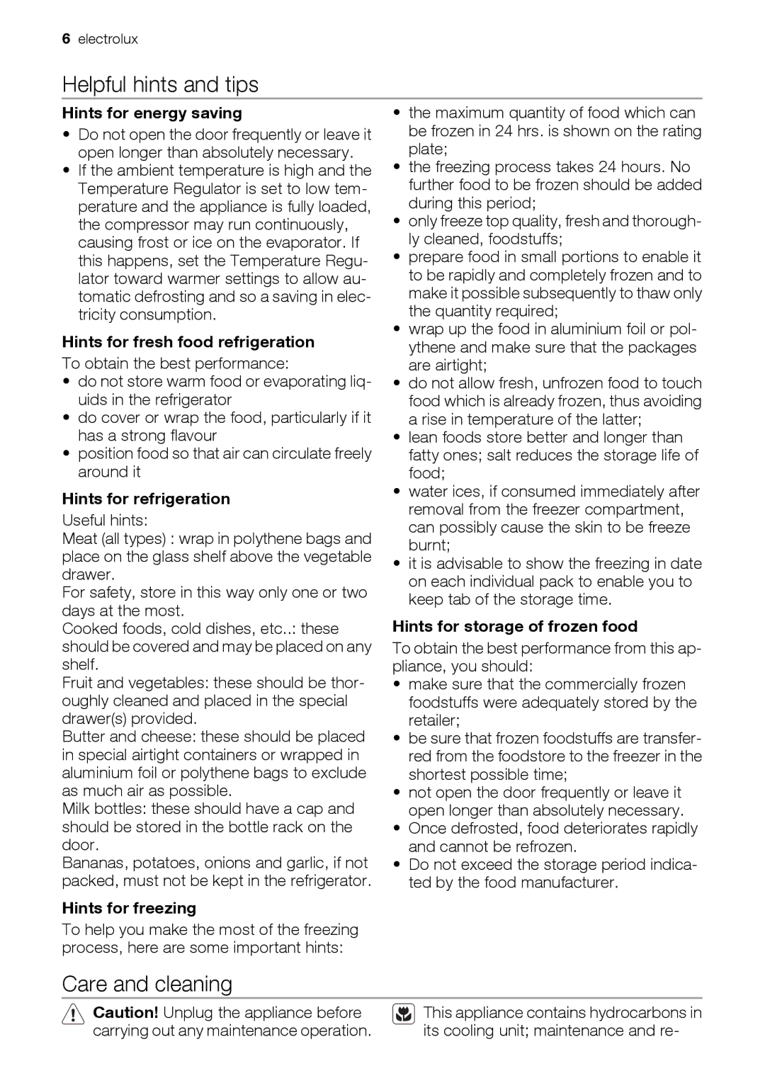 Electrolux FI22/10SA, FI22/10FA user manual Helpful hints and tips, Care and cleaning 