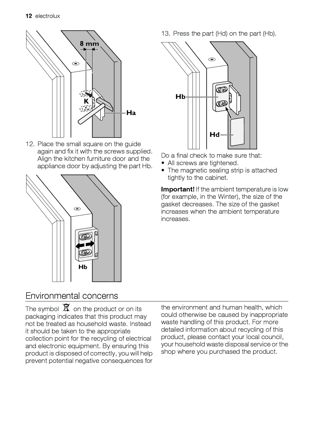 Electrolux FI2590FA user manual Environmental concerns, Press the part Hd on the part Hb 