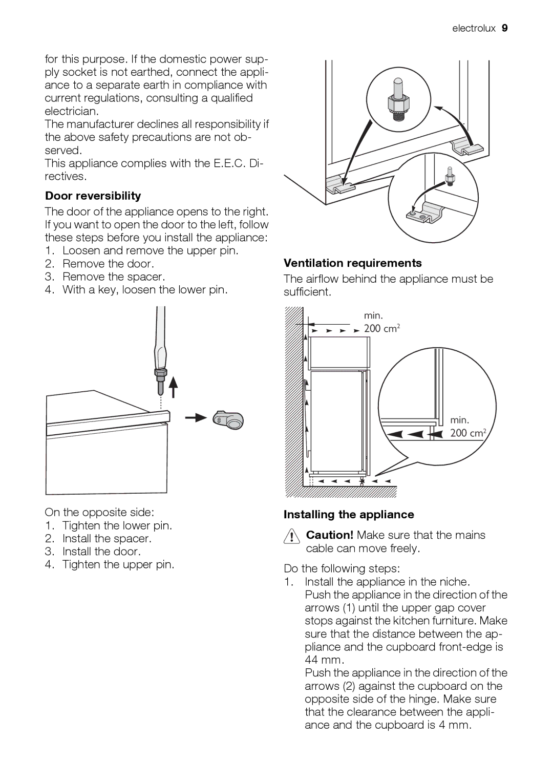 Electrolux FI2590FA user manual Door reversibility, Ventilation requirements, Installing the appliance 