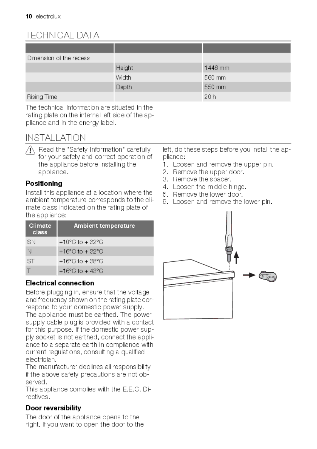 Electrolux FI259/2TA++ user manual Technical Data, Installation, Positioning, Electrical connection, Door reversibility 