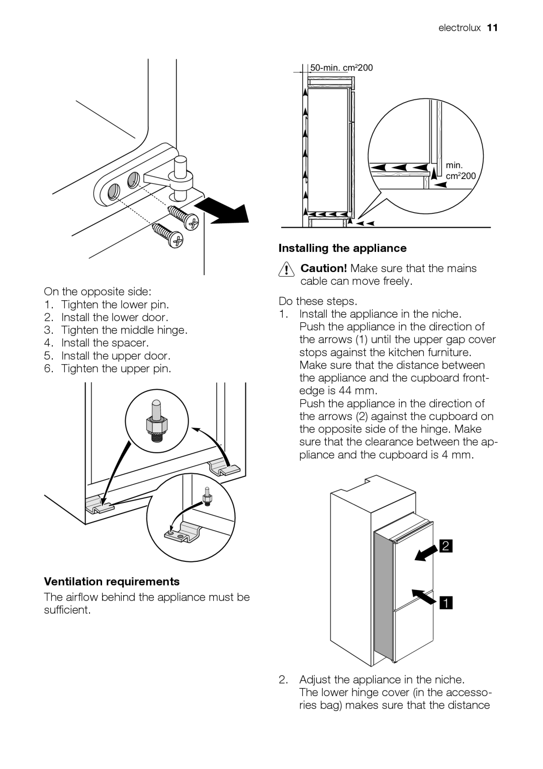 Electrolux FI259/2TA++ user manual Installing the appliance, Ventilation requirements 