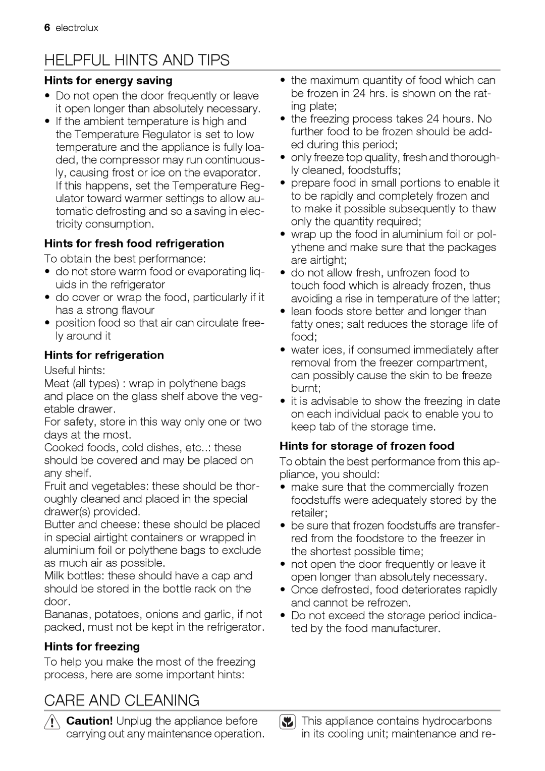 Electrolux FI259/2TA++ user manual Helpful Hints and Tips, Care and Cleaning 