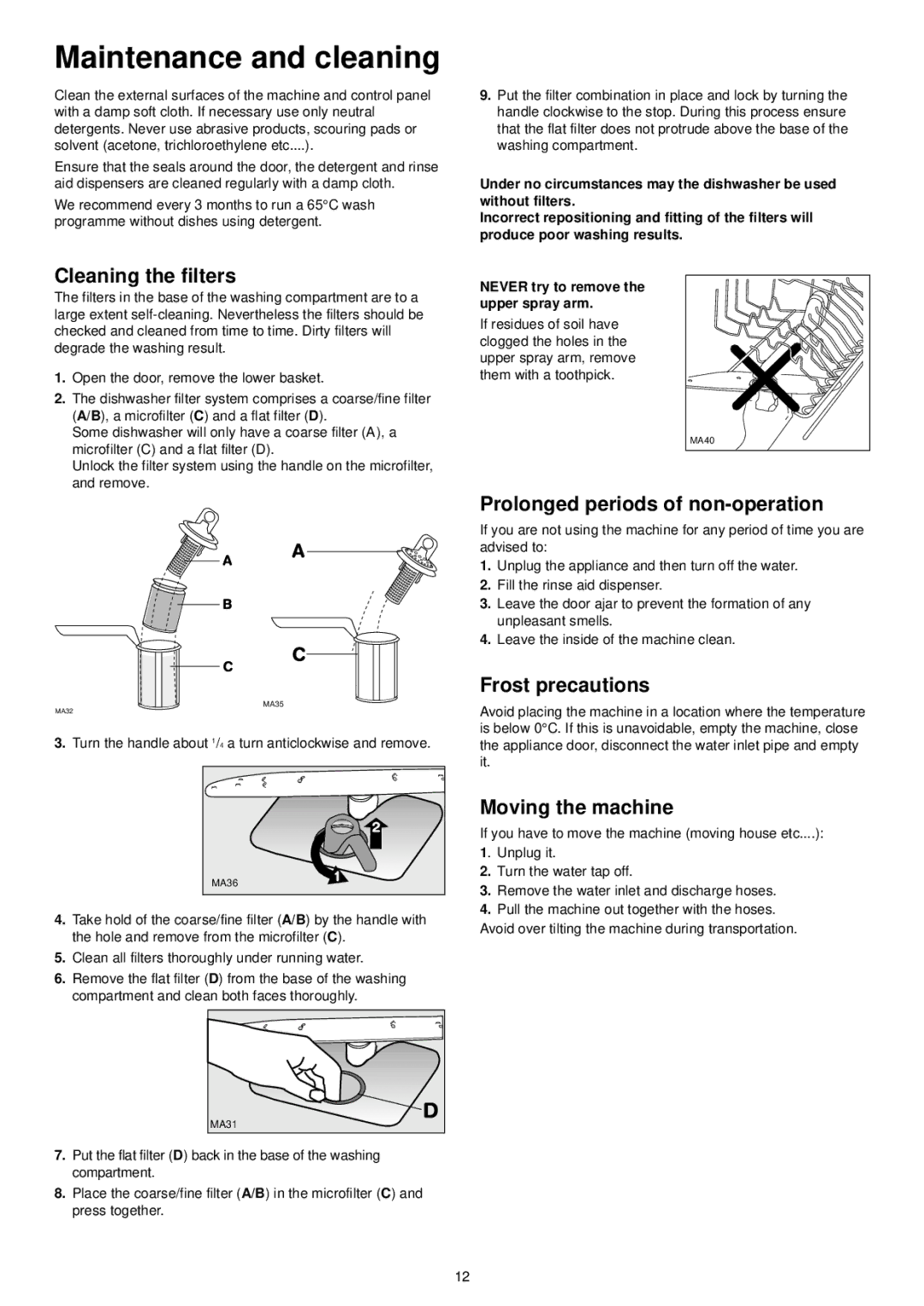 Electrolux FIDW 41 Maintenance and cleaning, Cleaning the filters, Prolonged periods of non-operation, Frost precautions 