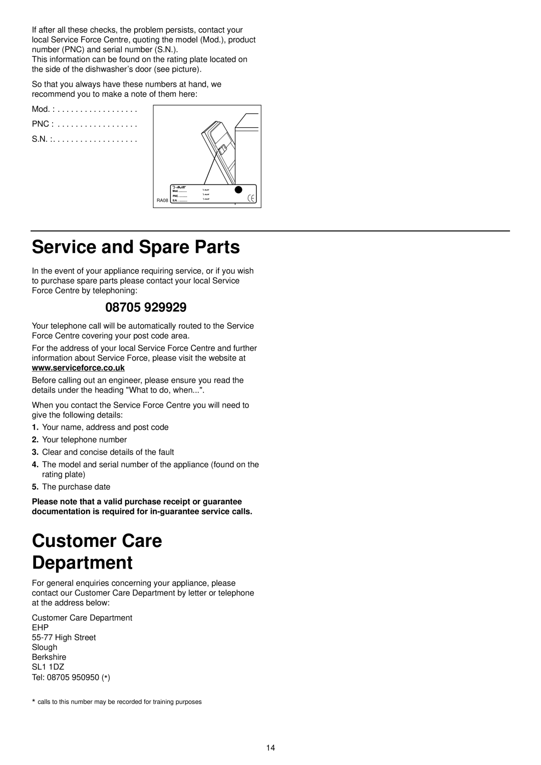 Electrolux FIDW 41 manual Service and Spare Parts, Customer Care Department 