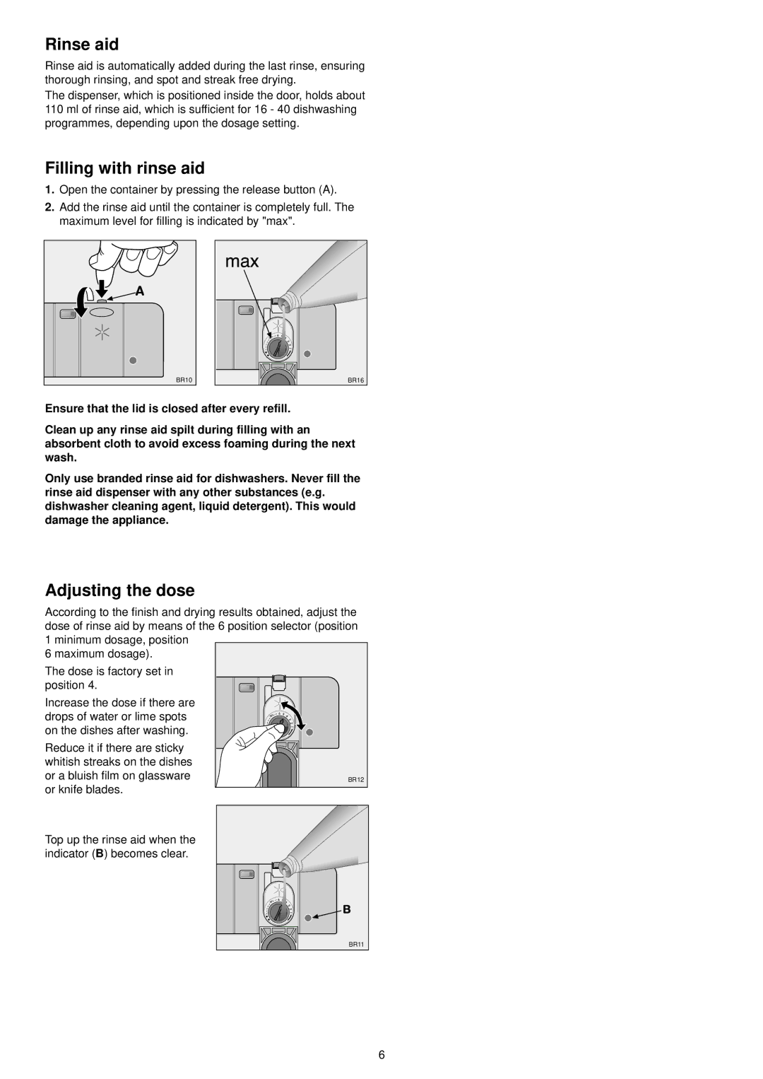 Electrolux FIDW 41 manual Rinse aid, Filling with rinse aid, Adjusting the dose 