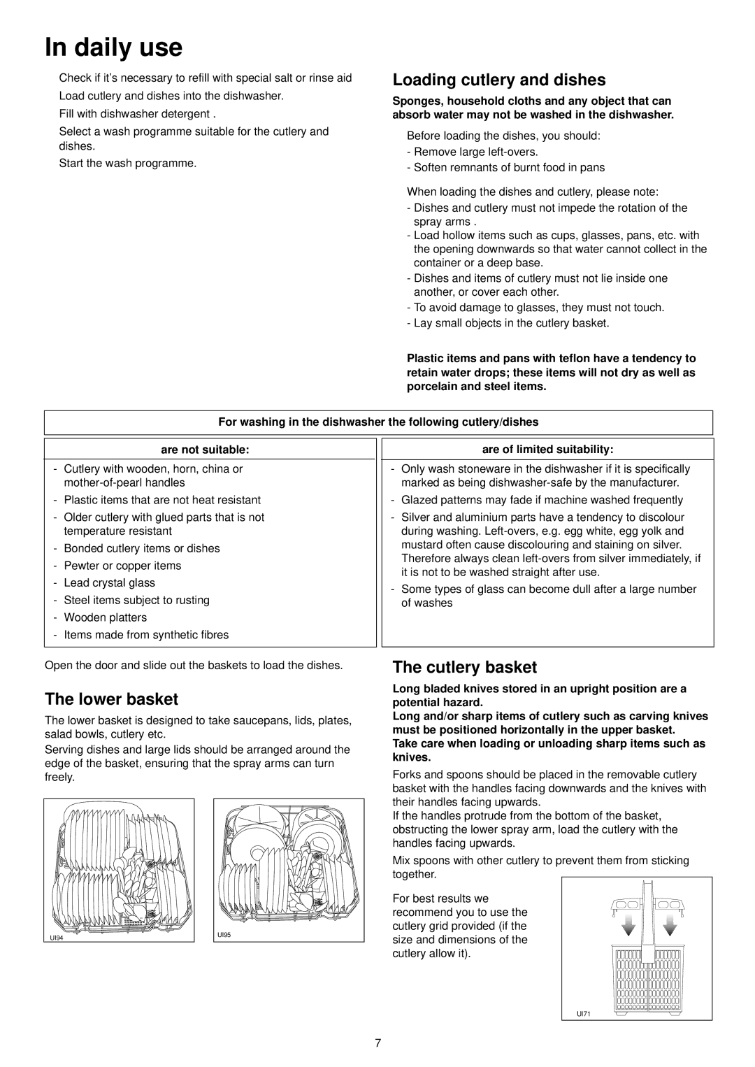 Electrolux FIDW 41 manual Daily use, Loading cutlery and dishes, Lower basket, Cutlery basket, Are of limited suitability 