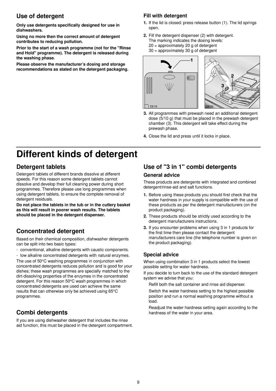 Electrolux FIDW 41 manual Different kinds of detergent 