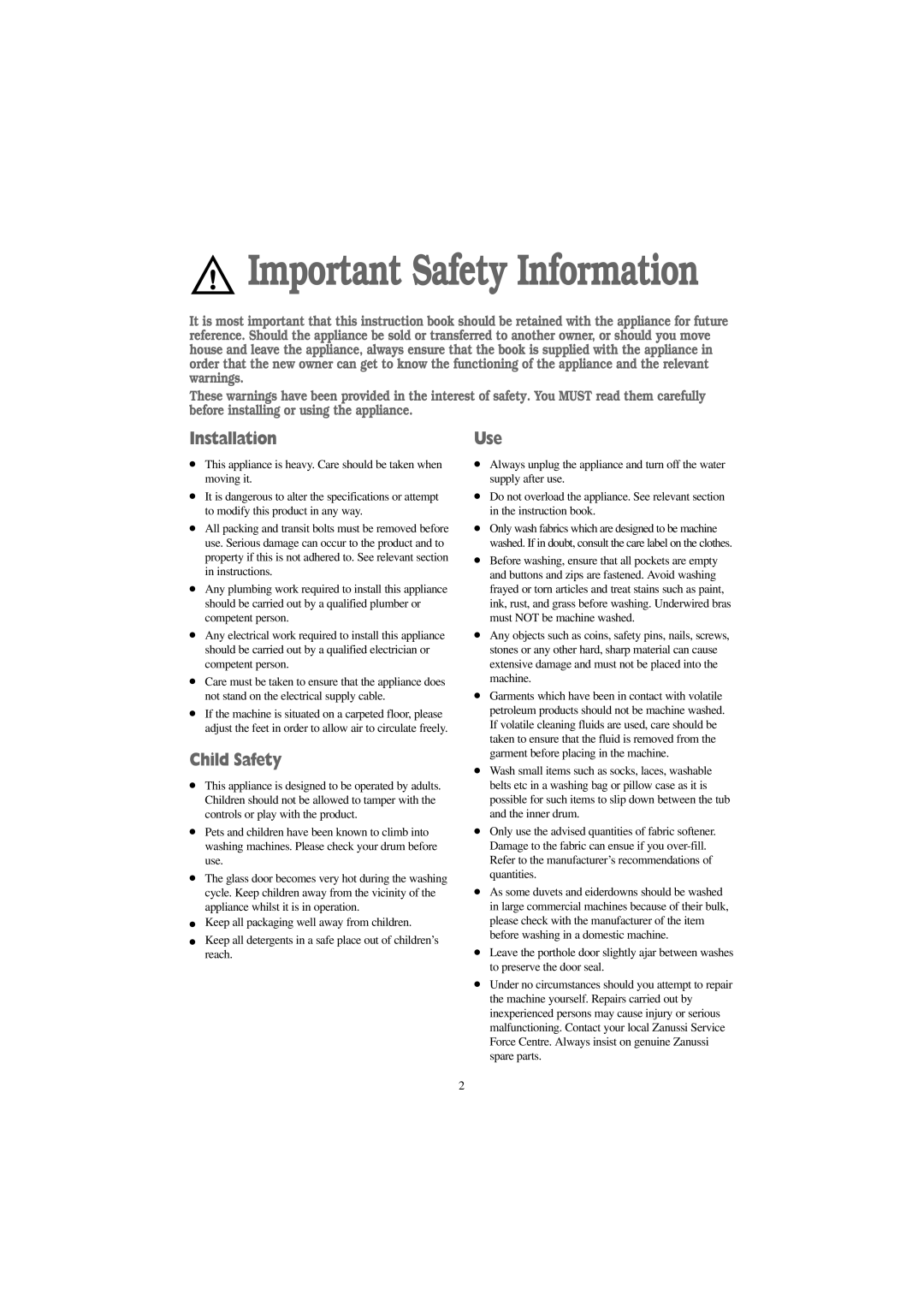 Electrolux FJD 1466 S, FJD 1666 W, FJD 1266 W, FJD 1466 W manual Installation, Child Safety, Use 