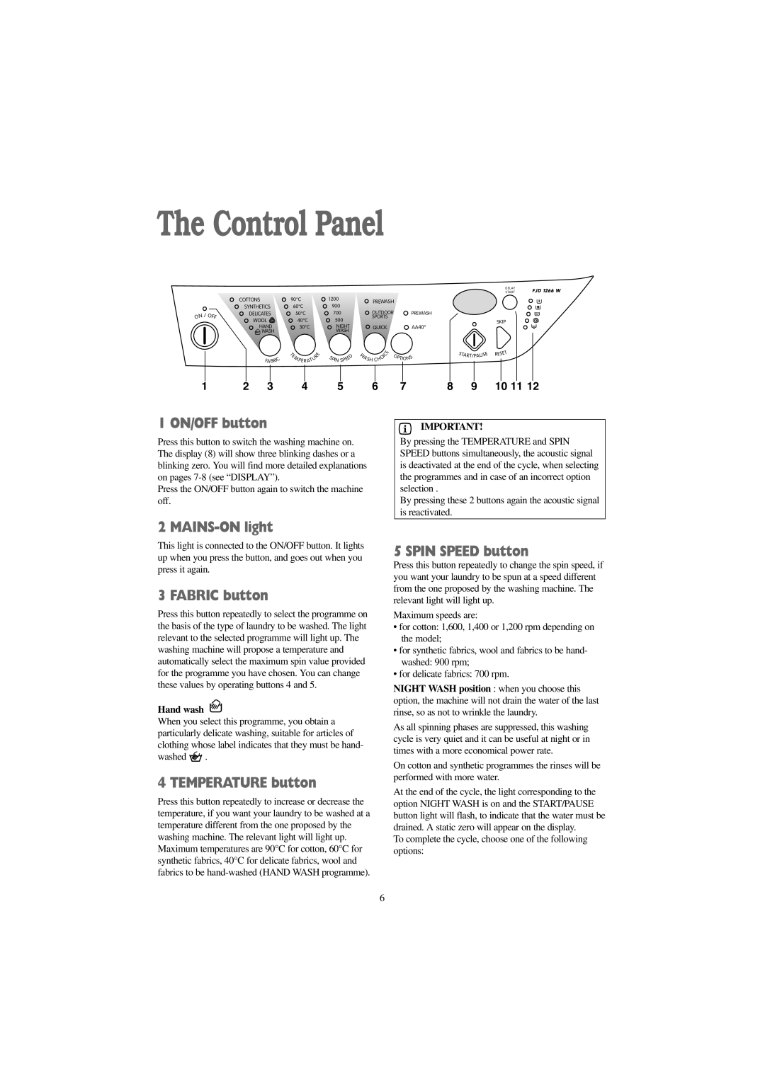 Electrolux FJD 1466 S, FJD 1666 W, FJD 1266 W, FJD 1466 W manual Control Panel 