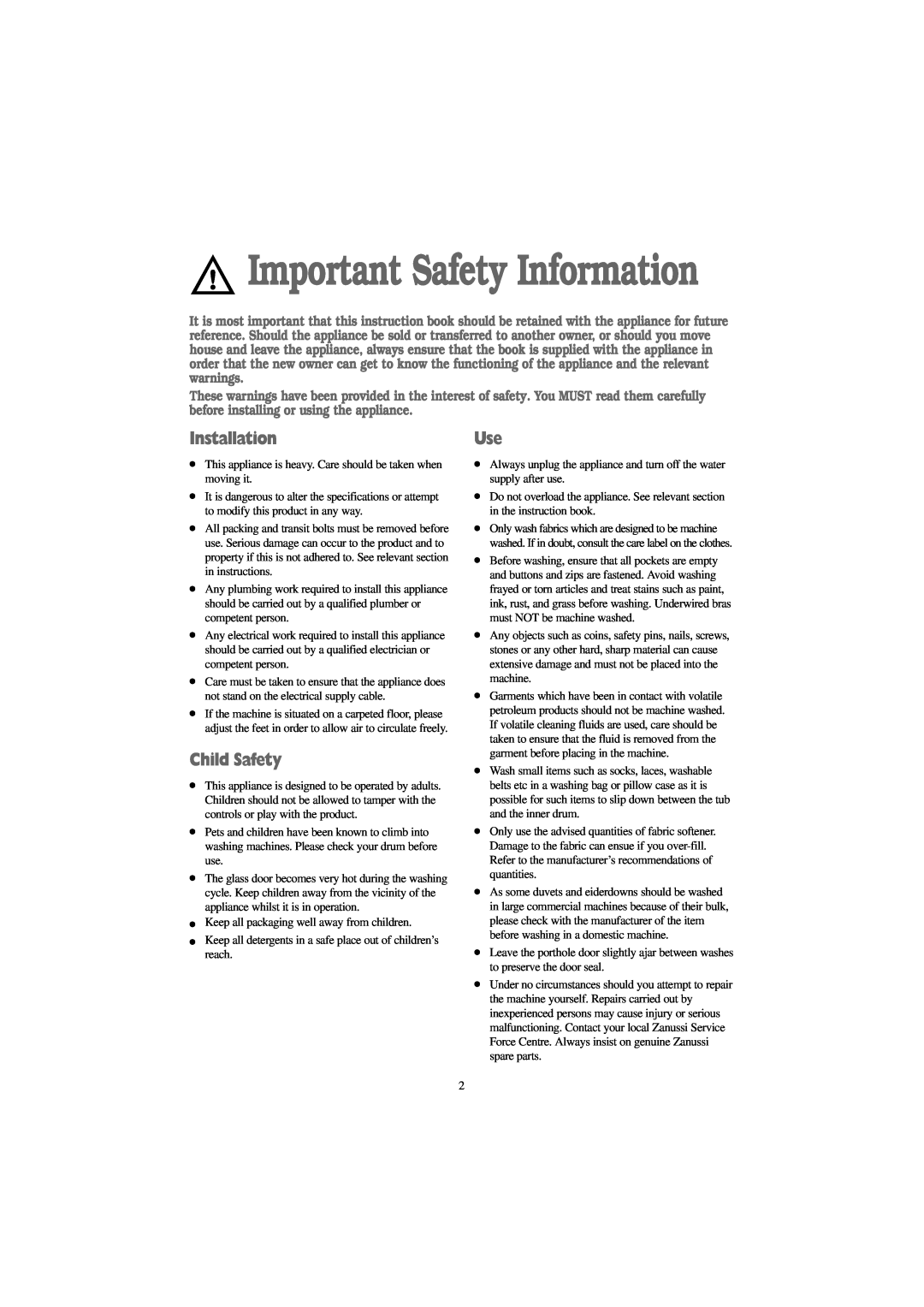 Electrolux FJD 1466 S, FJD 1666 W, FJD 1266 W, FJD 1466 W manual Installation, Child Safety, Important Safety Information 