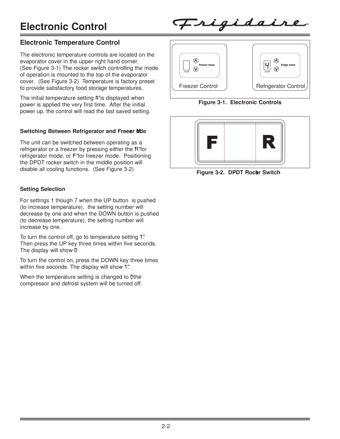 Electrolux FKCH17F7HW Electronic Temperature Control, Switching Between Refrigerator and Freezer Mode, Setting Selection 