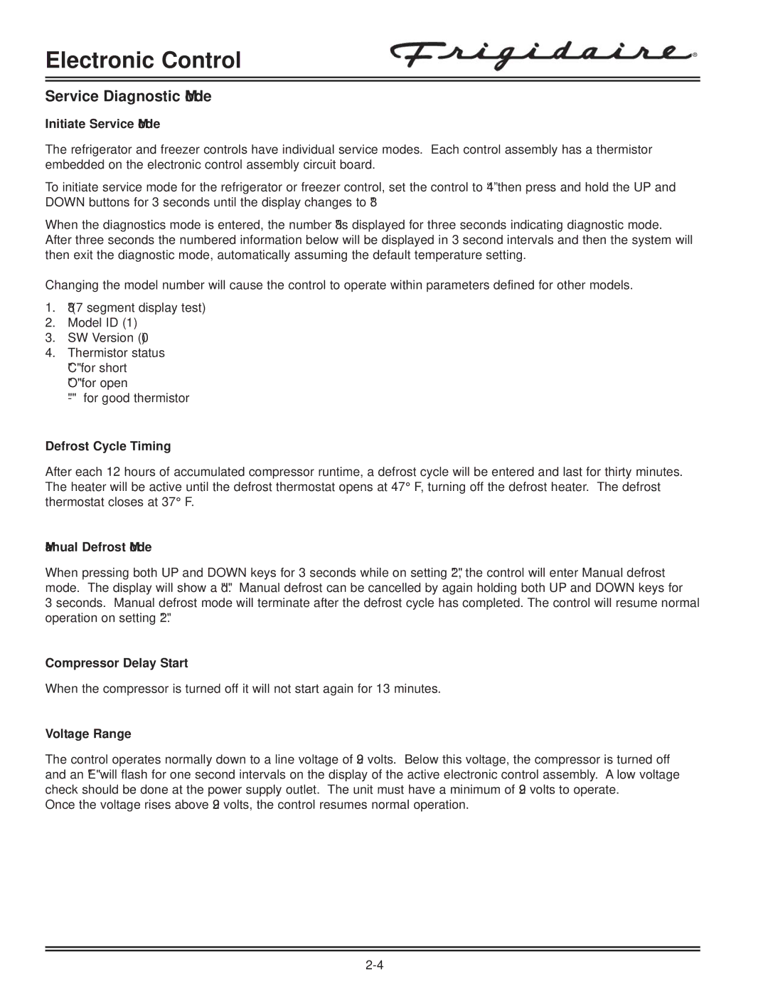 Electrolux FKCH17F7HW service manual Service Diagnostic Mode 